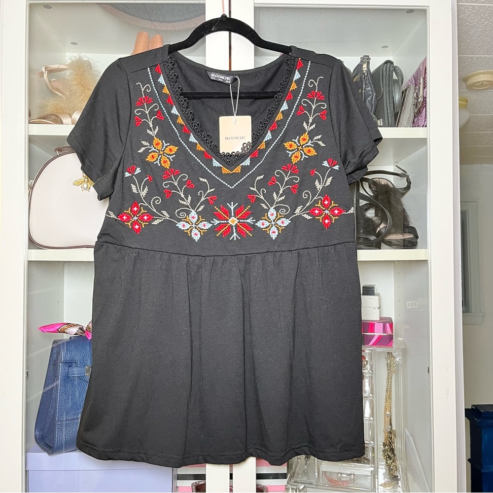 Black Top with Colorful Embroidery size 10